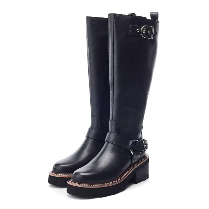 Women Moda In Pelle Knee High Boots Ludres Black Leather