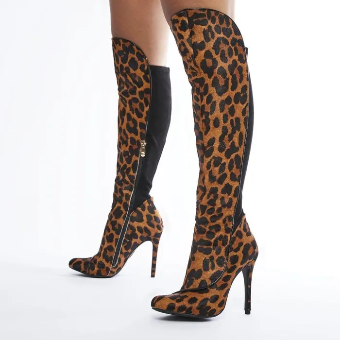 Women Moda In Pelle Knee High Boots Savi Leopard Print Pony