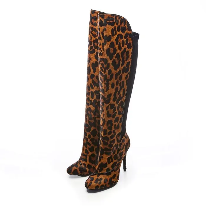 Women Moda In Pelle Knee High Boots Savi Leopard Print Pony