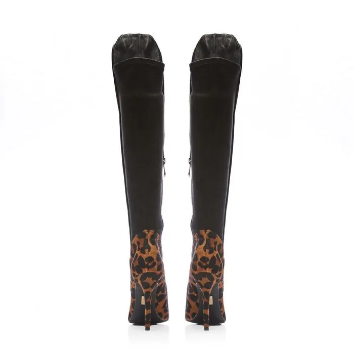 Women Moda In Pelle Knee High Boots Savi Leopard Print Pony