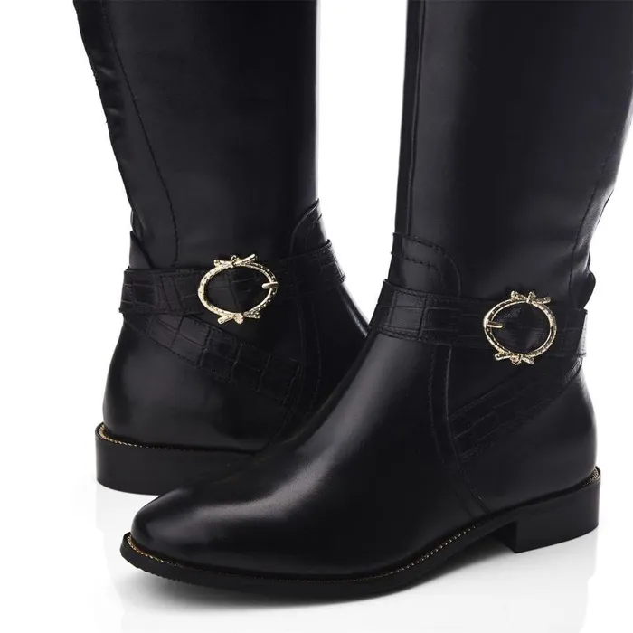 Women Moda In Pelle Riding And Flat Boots Takari Black Leather