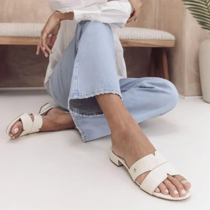 Women Moda In Pelle Slider Sandals Murah Off White Patent Mocc Croc