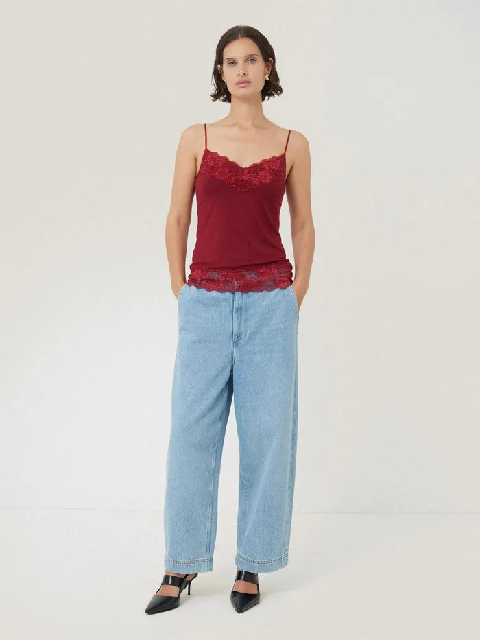Women Modal Lace Vest Cinema Red Jigsaw Pyjamas and Loungewear