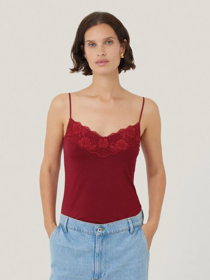 Women Modal Lace Vest Cinema Red Jigsaw Pyjamas and Loungewear