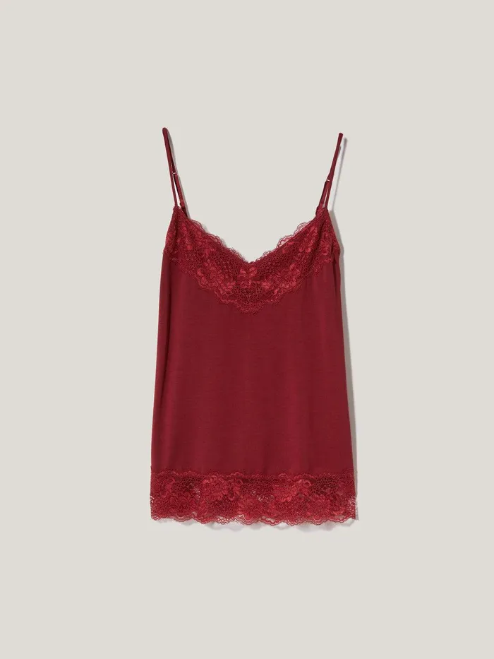 Women Modal Lace Vest Cinema Red Jigsaw Pyjamas and Loungewear