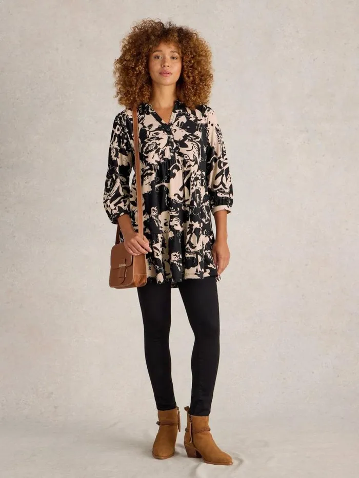 Women NELA PRINTED SHIRT TUNIC Black Print White Stuff Shirts and Blouses