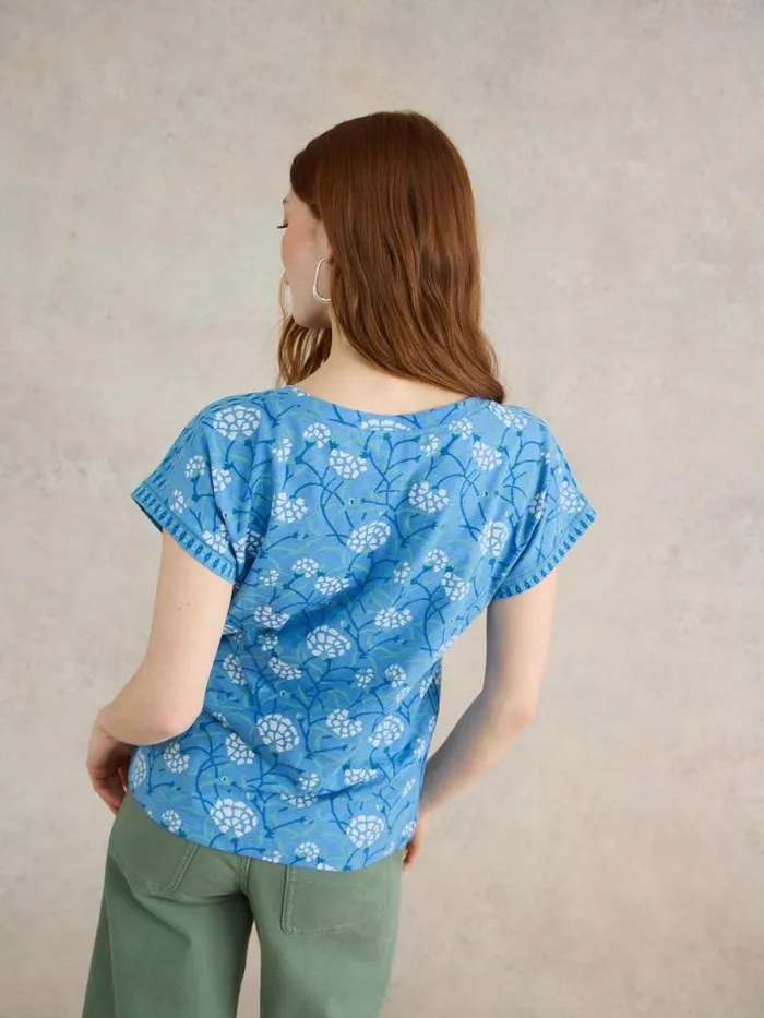 Women NELLY NOTCH NECK COTTON TEE Blue Print White Stuff Tops and Tees