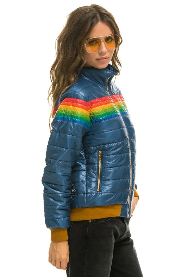 Women Outerwear Aviator Nation 6 STRIPE RAINBOW SLEEVE JACKET 8211 GLOSSY DEEP BLUE Women Outerwear Aviator Nation 6 STRIPE RAINBOW SLEEVE JACKET 8211 GLOSSY DEEP BLUE