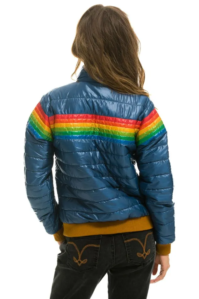 Women Outerwear Aviator Nation 6 STRIPE RAINBOW SLEEVE JACKET 8211 GLOSSY DEEP BLUE Women Outerwear Aviator Nation 6 STRIPE RAINBOW SLEEVE JACKET 8211 GLOSSY DEEP BLUE