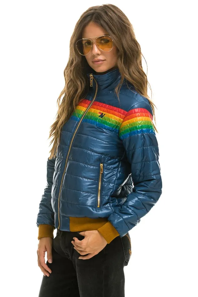 Women Outerwear Aviator Nation 6 STRIPE RAINBOW SLEEVE JACKET 8211 GLOSSY DEEP BLUE Women Outerwear Aviator Nation 6 STRIPE RAINBOW SLEEVE JACKET 8211 GLOSSY DEEP BLUE