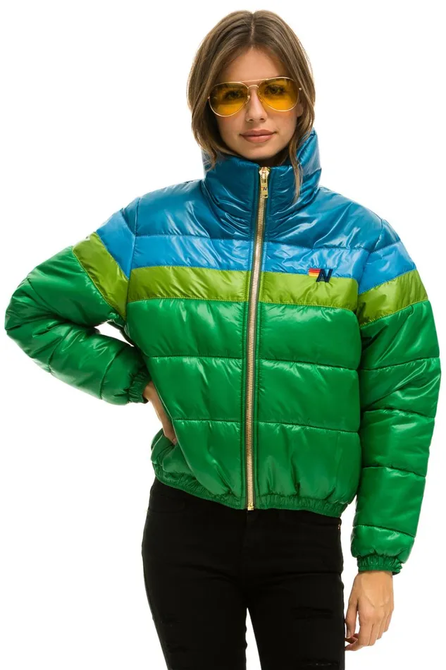 Women Outerwear Aviator Nation COLOR BLOCK LUXE APRES PUFFER JACKET 8211 AMAZON GLOSSY