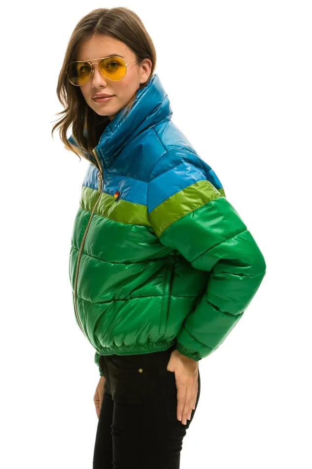 Women Outerwear Aviator Nation COLOR BLOCK LUXE APRES PUFFER JACKET 8211 AMAZON GLOSSY