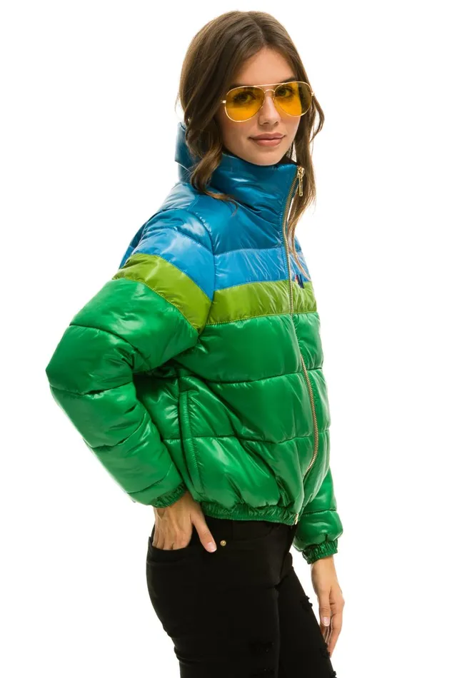 Women Outerwear Aviator Nation COLOR BLOCK LUXE APRES PUFFER JACKET 8211 AMAZON GLOSSY
