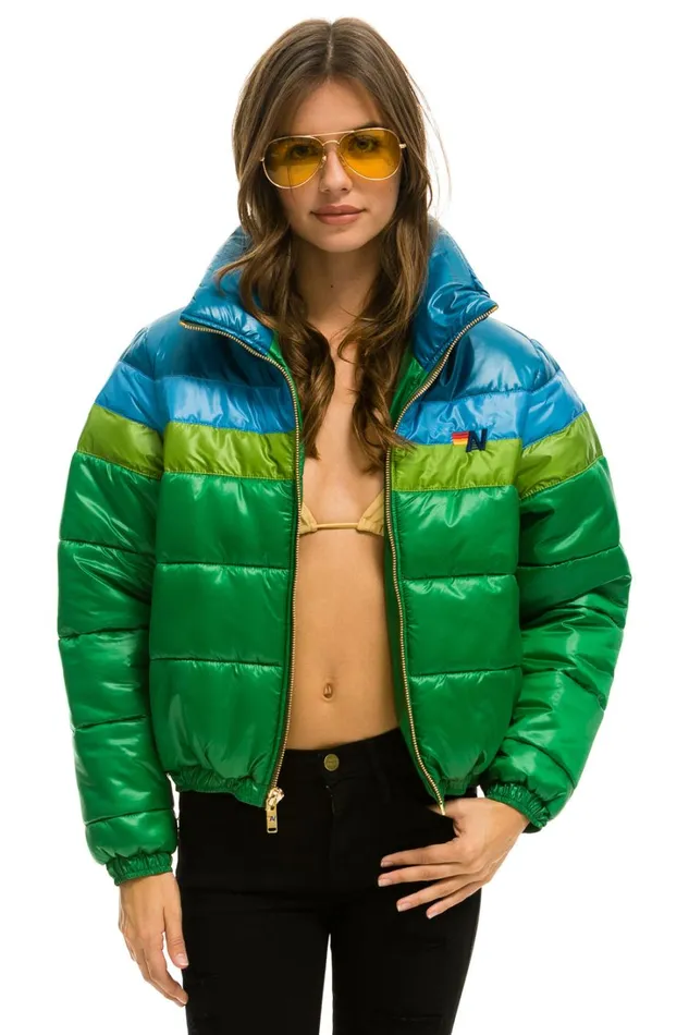 Women Outerwear Aviator Nation COLOR BLOCK LUXE APRES PUFFER JACKET 8211 AMAZON GLOSSY