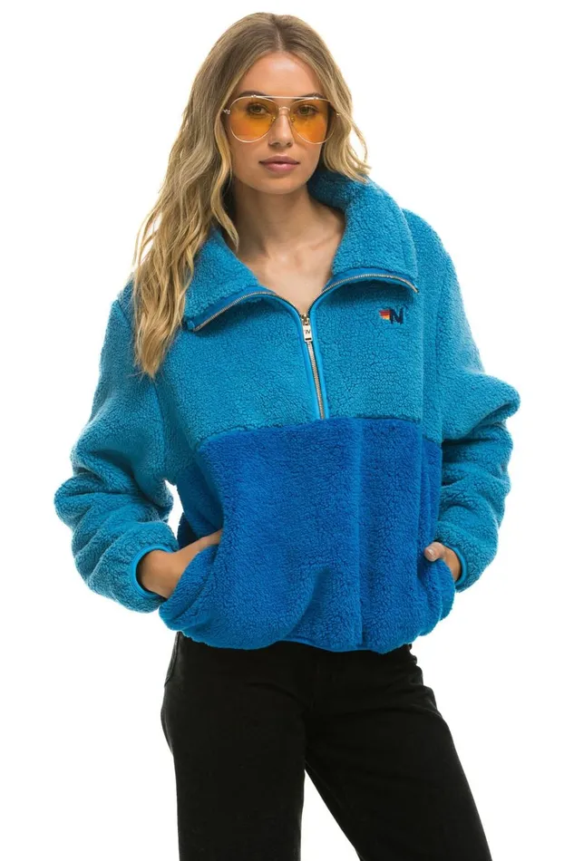 Women Outerwear Aviator Nation TEDDY APRES HALF ZIP COLOR BLOCK JACKET 8211 OCEAN Women Outerwear Aviator Nation TEDDY APRES HALF ZIP COLOR BLOCK JACKET 8211 OCEAN