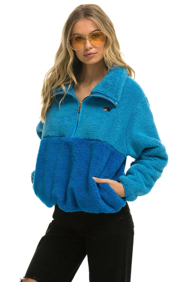 Women Outerwear Aviator Nation TEDDY APRES HALF ZIP COLOR BLOCK JACKET 8211 OCEAN Women Outerwear Aviator Nation TEDDY APRES HALF ZIP COLOR BLOCK JACKET 8211 OCEAN