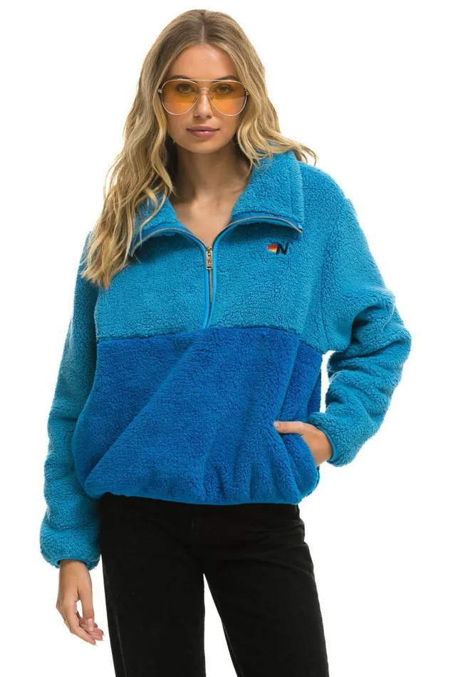 Women Outerwear Aviator Nation TEDDY APRES HALF ZIP COLOR BLOCK JACKET 8211 OCEAN Women Outerwear Aviator Nation TEDDY APRES HALF ZIP COLOR BLOCK JACKET 8211 OCEAN