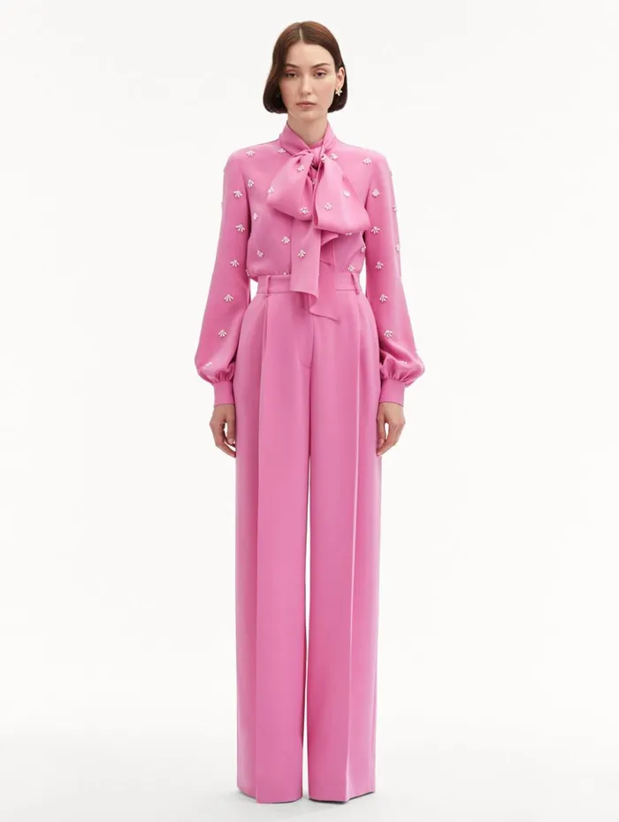 Women Pants and Skirts Oscar De La Renta Wide Leg Silk Georgette Pant Rosehip
