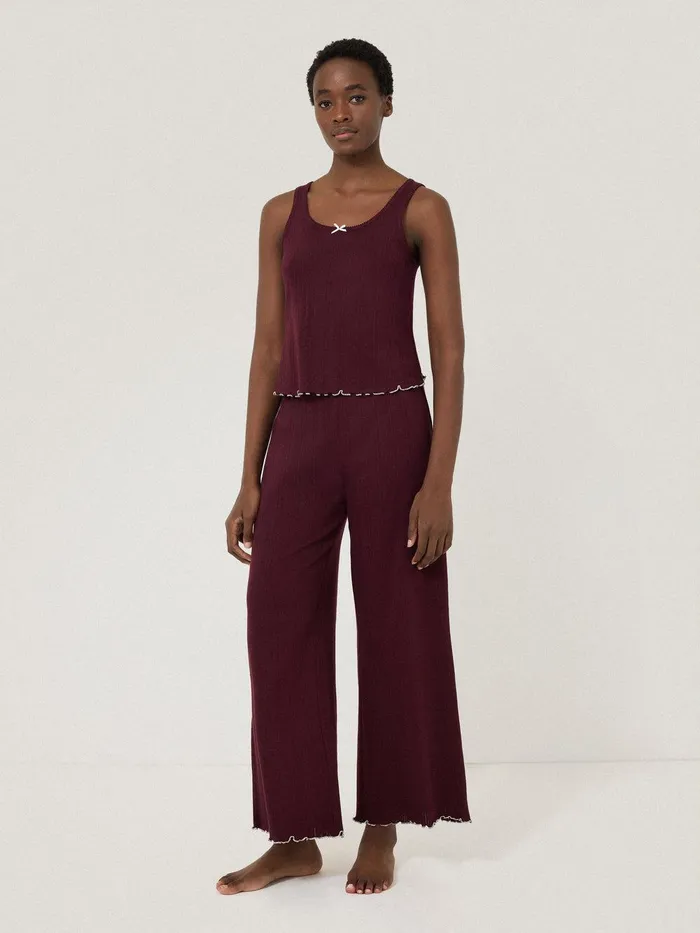 Women Pointelle Pyjama Vest Top Burgundy Jigsaw Pyjamas and Loungewear