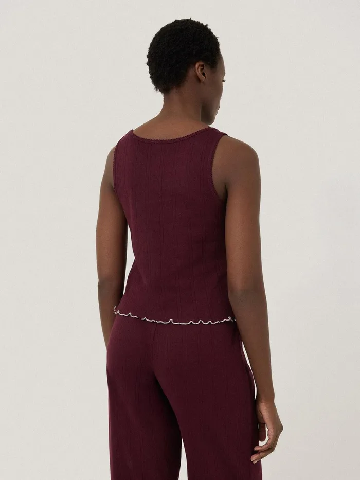 Women Pointelle Pyjama Vest Top Burgundy Jigsaw Pyjamas and Loungewear