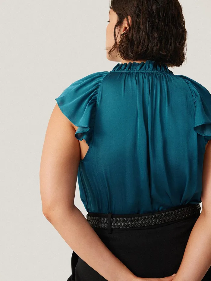 Women Recycled Satin Frill Neck Top Blue Jigsaw Party