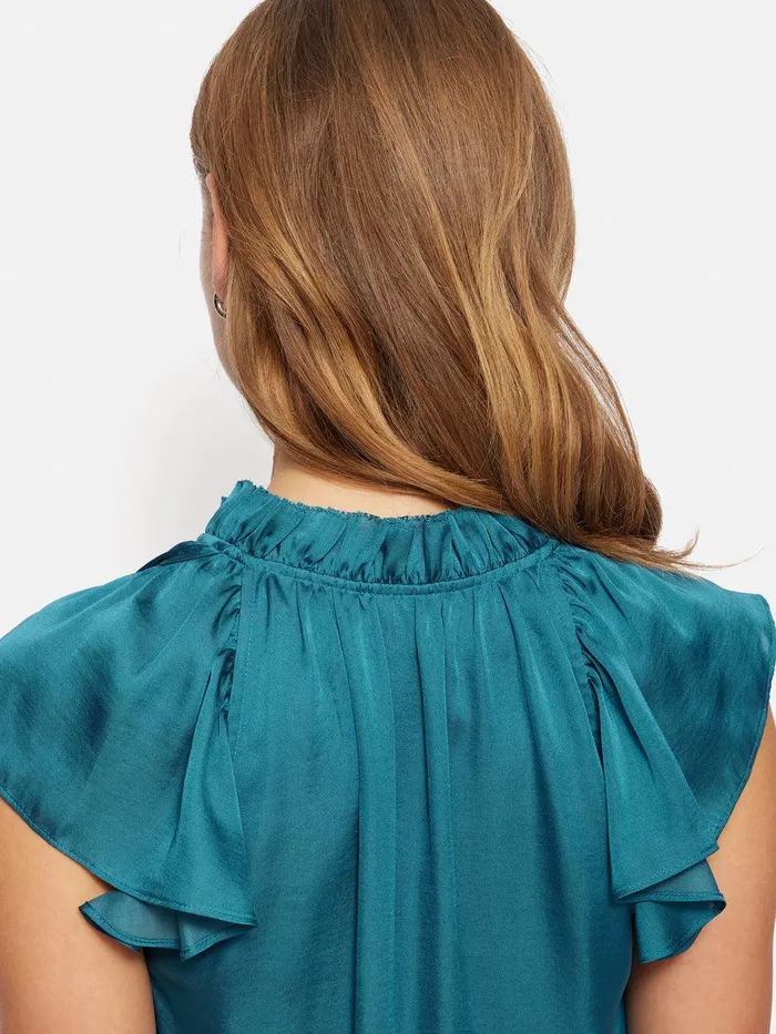 Women Recycled Satin Frill Neck Top Blue Jigsaw Party