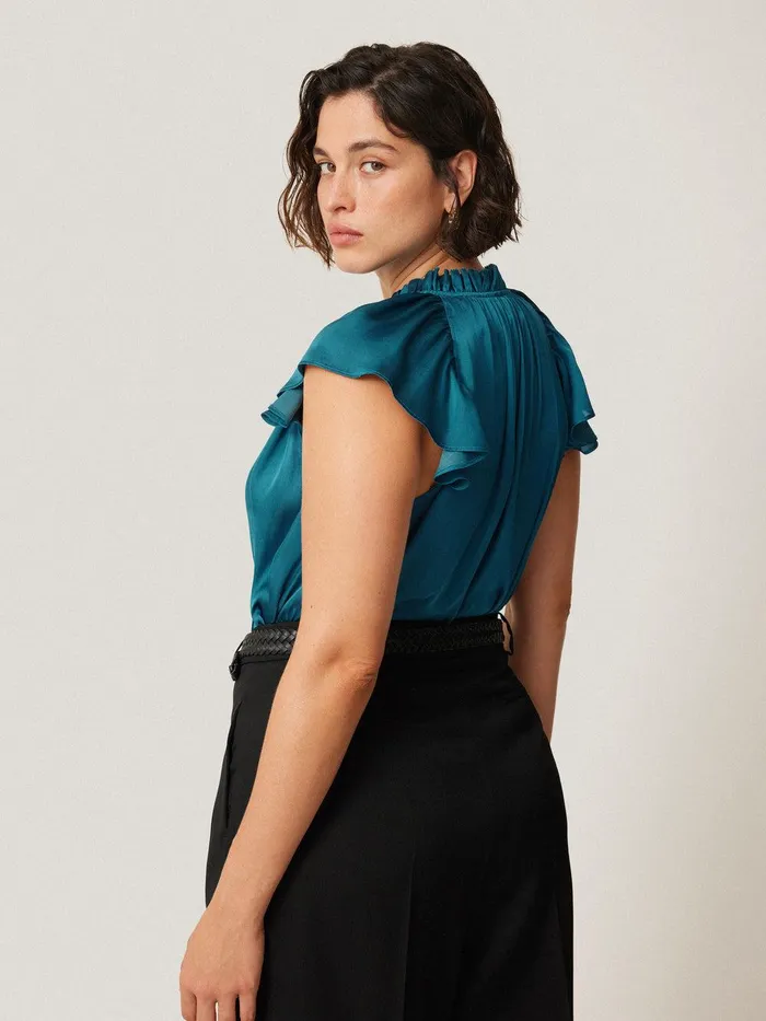 Women Recycled Satin Frill Neck Top Blue Jigsaw Party