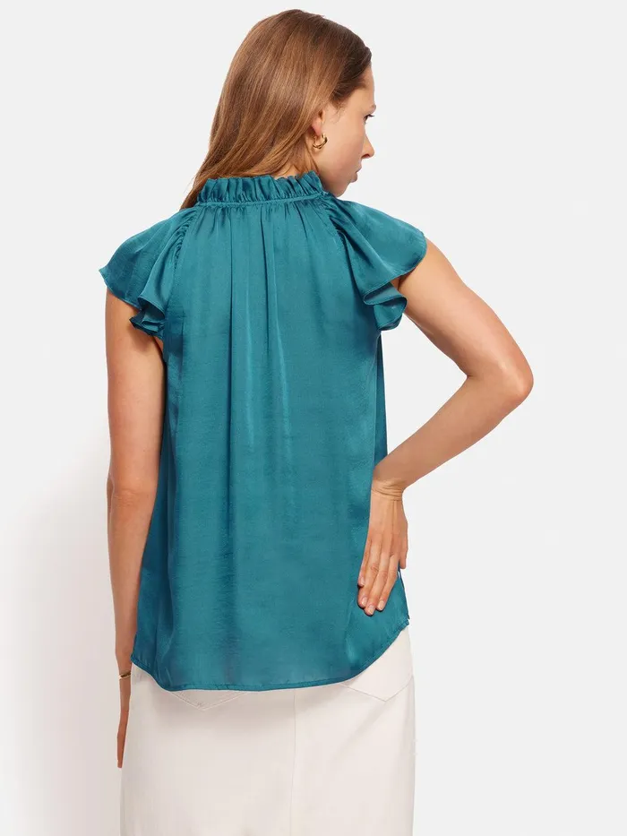Women Recycled Satin Frill Neck Top Blue Jigsaw Party