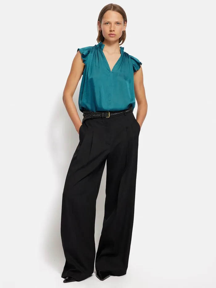 Women Recycled Satin Frill Neck Top Blue Jigsaw Party