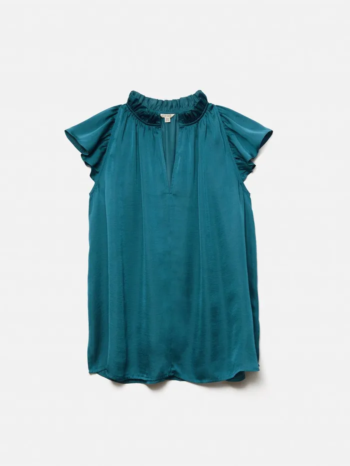 Women Recycled Satin Frill Neck Top Blue Jigsaw Party