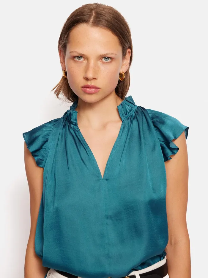 Women Recycled Satin Frill Neck Top Blue Jigsaw Party