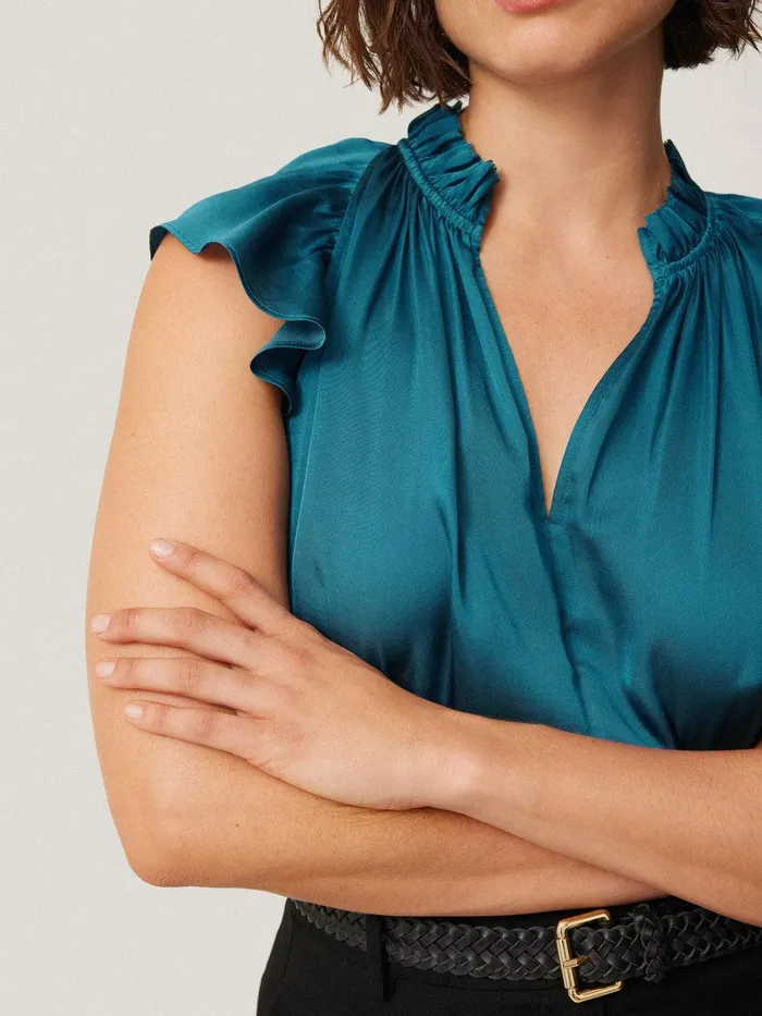 Women Recycled Satin Frill Neck Top Blue Jigsaw Party