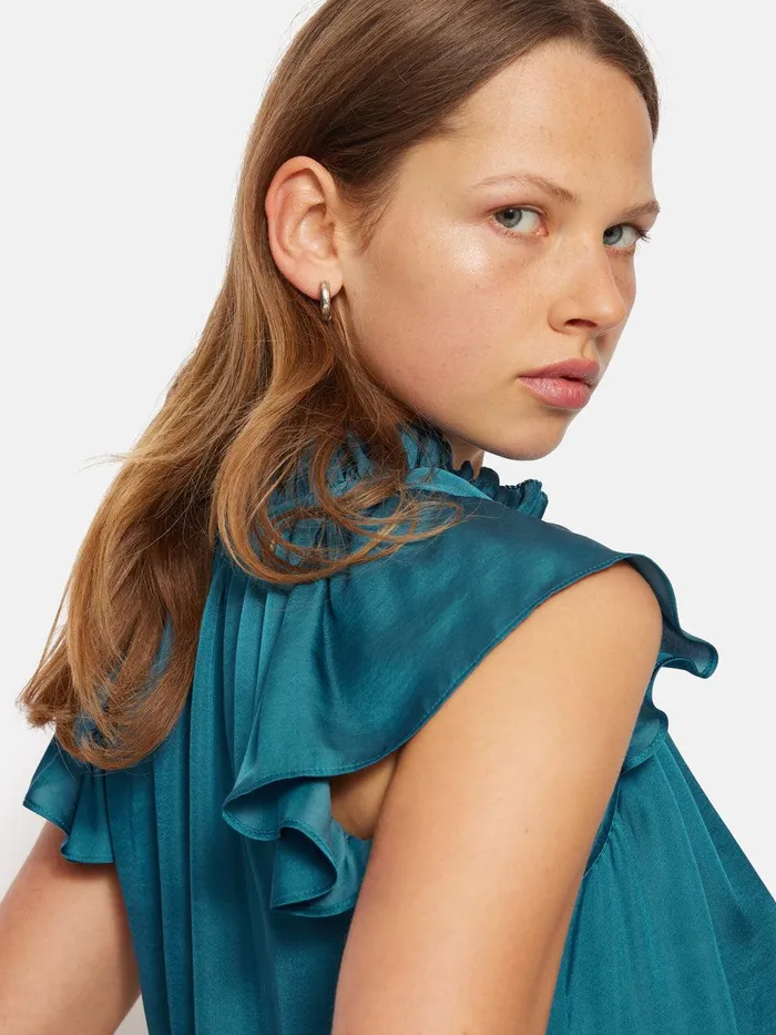 Women Recycled Satin Frill Neck Top Blue Jigsaw Party