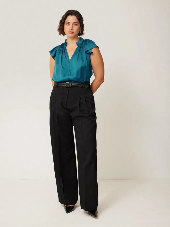 Women Recycled Satin Frill Neck Top Blue Jigsaw Party