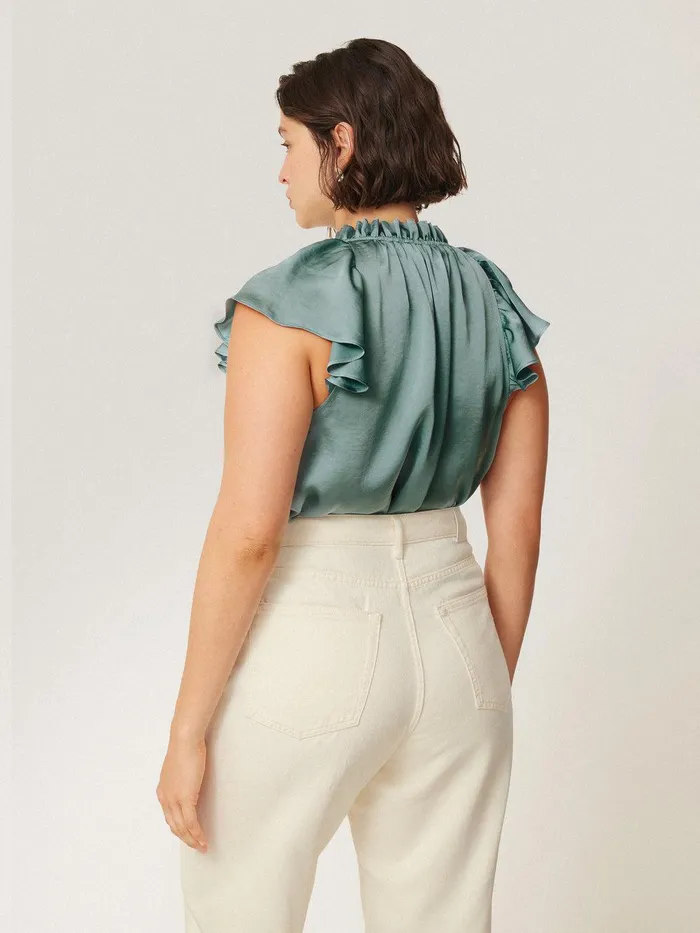 Women Recycled Satin Frill Neck Top Green Jigsaw Party