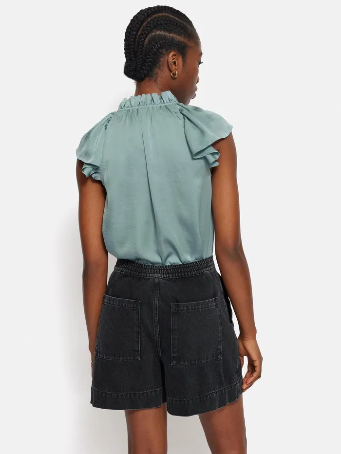 Women Recycled Satin Frill Neck Top Green Jigsaw Party