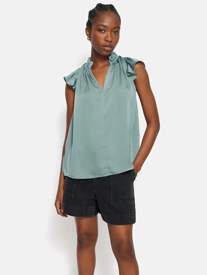 Women Recycled Satin Frill Neck Top Green Jigsaw Party
