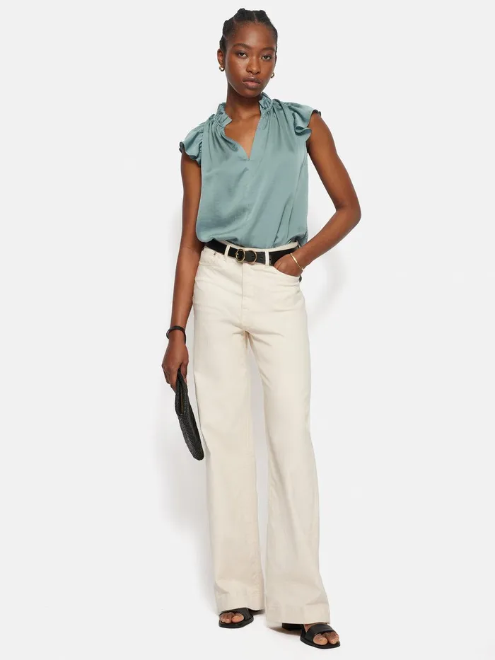 Women Recycled Satin Frill Neck Top Green Jigsaw Party