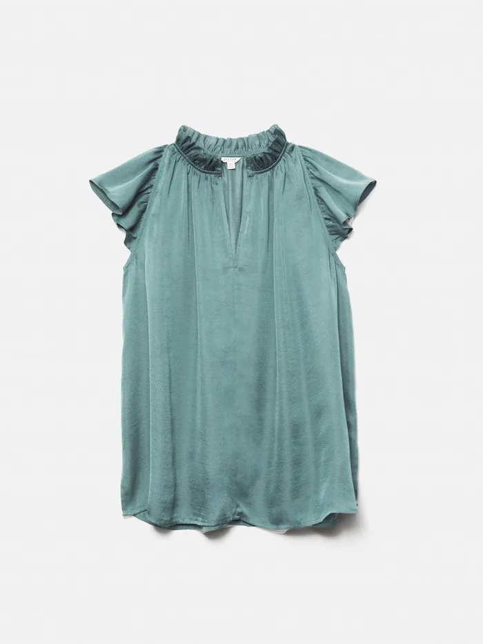 Women Recycled Satin Frill Neck Top Green Jigsaw Party