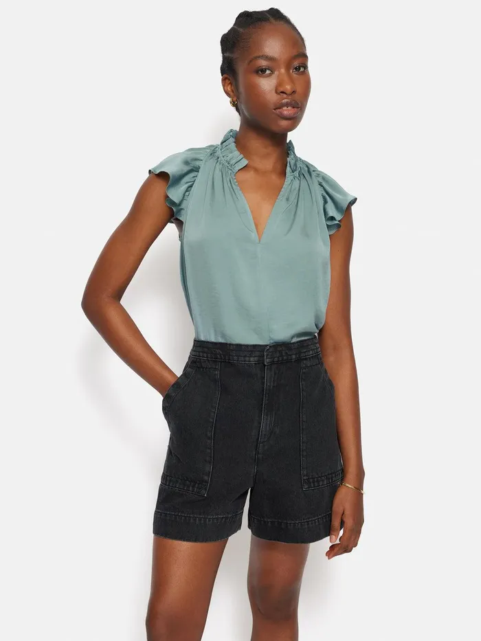 Women Recycled Satin Frill Neck Top Green Jigsaw Party