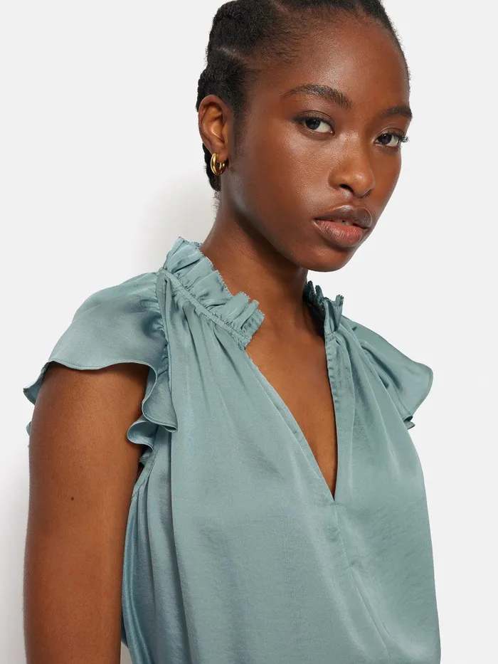 Women Recycled Satin Frill Neck Top Green Jigsaw Party