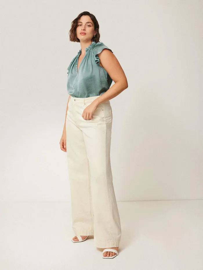 Women Recycled Satin Frill Neck Top Green Jigsaw Party