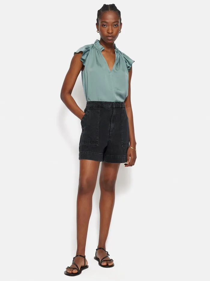 Women Recycled Satin Frill Neck Top Green Jigsaw Party