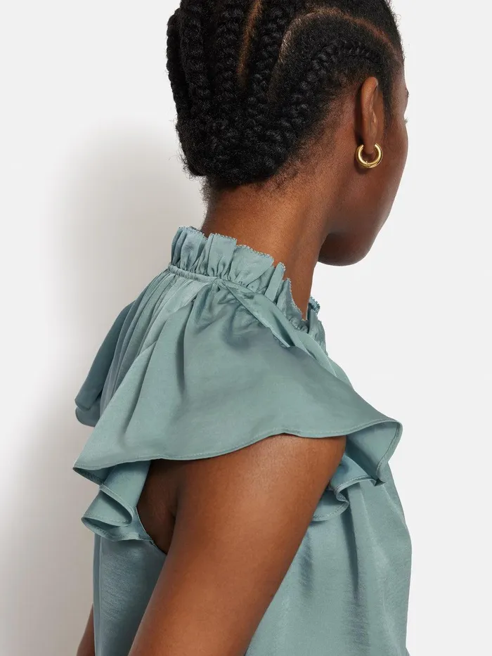 Women Recycled Satin Frill Neck Top Green Jigsaw Party