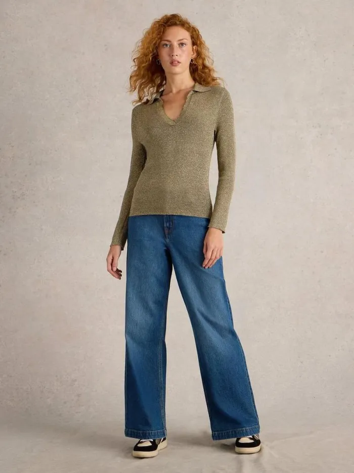 Women RILEY SPARKLE RIB COLLAR Khaki Green White Stuff Knitwear