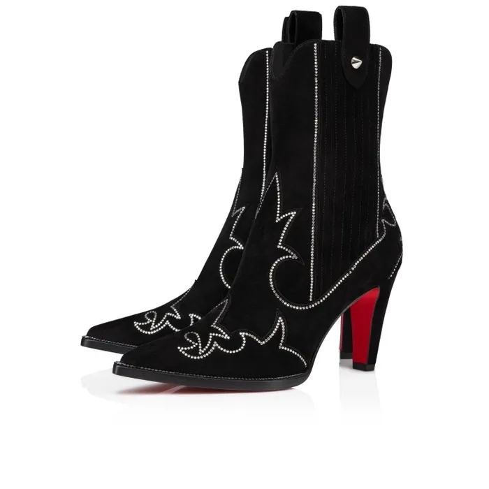 Women Santigag Strass 85 Mm Low Boots 8211 Veau Velours And Strass 8211 Black Christian Louboutin Boots
