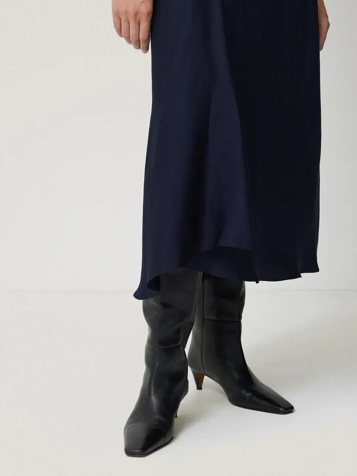 Women Satin Bias Asymmetric Skirt Navy Jigsaw Skirts