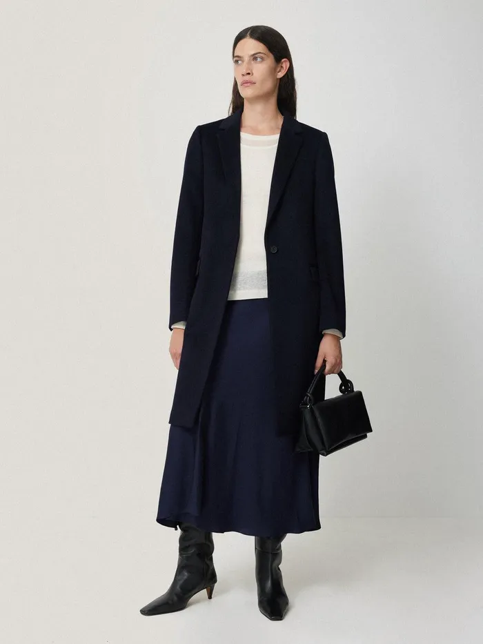 Women Satin Bias Asymmetric Skirt Navy Jigsaw Skirts