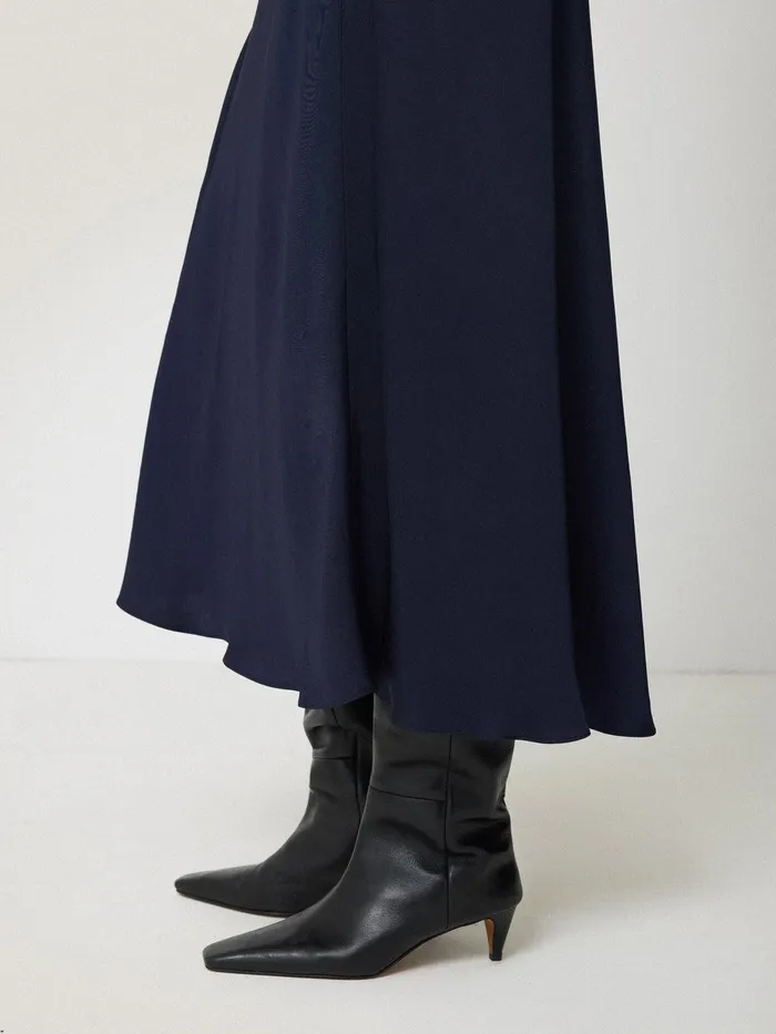 Women Satin Bias Asymmetric Skirt Navy Jigsaw Skirts