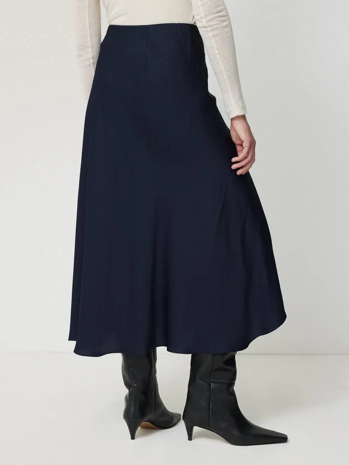 Women Satin Bias Asymmetric Skirt Navy Jigsaw Skirts